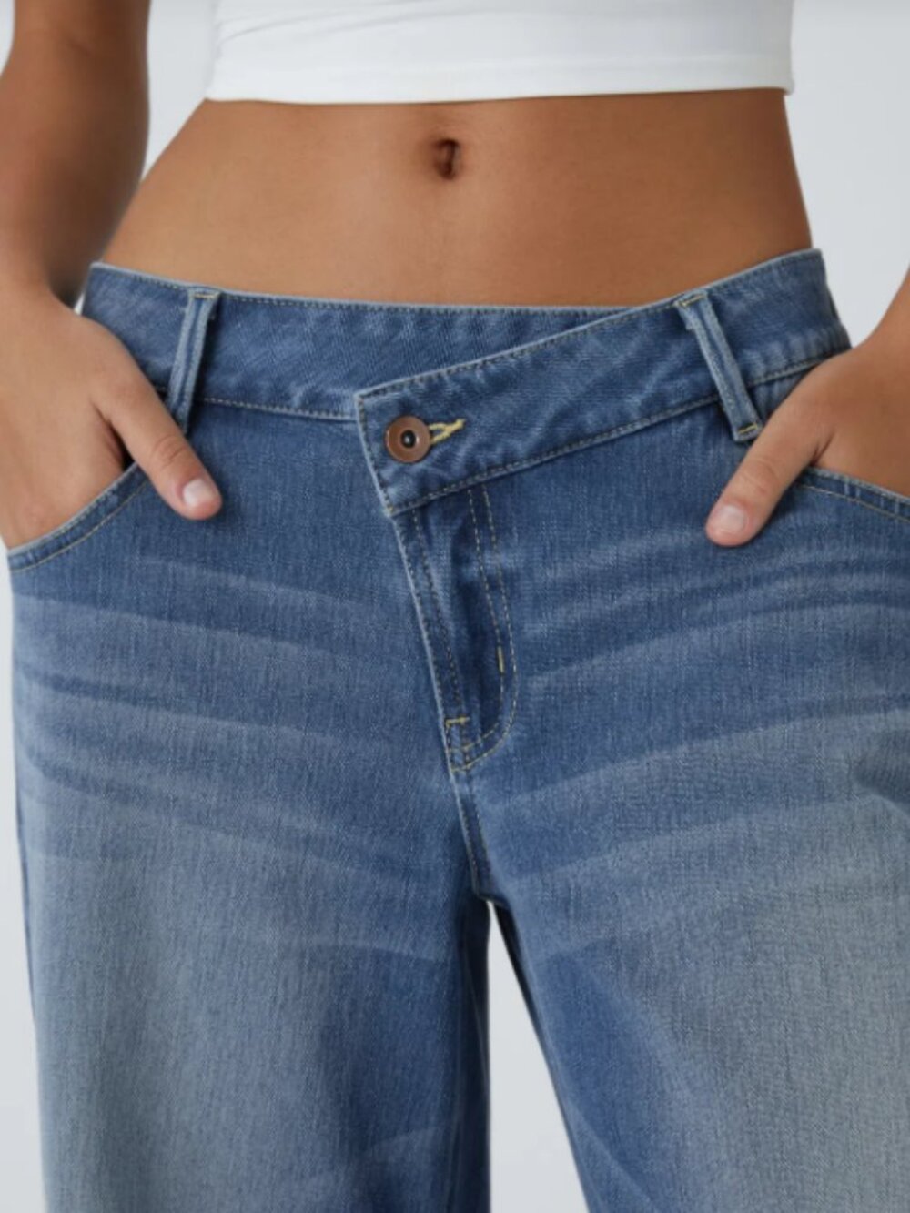 Halara Flex™ Asymmetric Low Rise Zipper Wide Leg Washed Casual Jeans. Size S